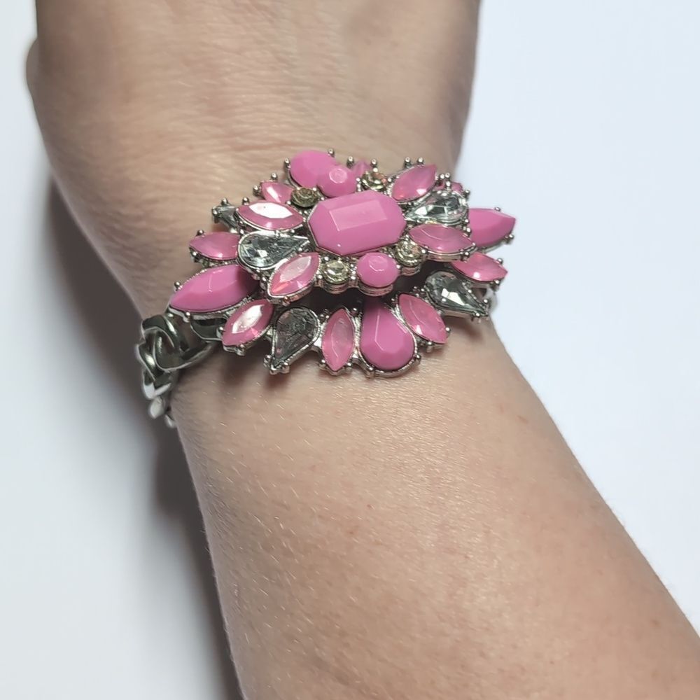 166 Vintage Pink and Crystal Stones Chain‎ Link Bracelet